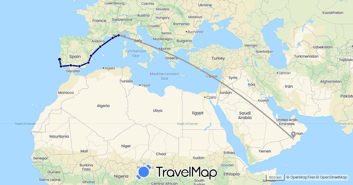 TravelMap itinerary: driving, plane in United Arab Emirates, Spain, France, Portugal (Asia, Europe)